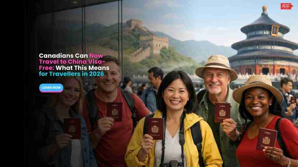 Canadians with passports in front of the Great Wall and Temple of Heaven — visa-free travel to China in 2026